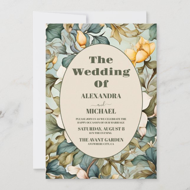 Watercolor White Lily  Art Nouveau Wedding Invitation (Front)
