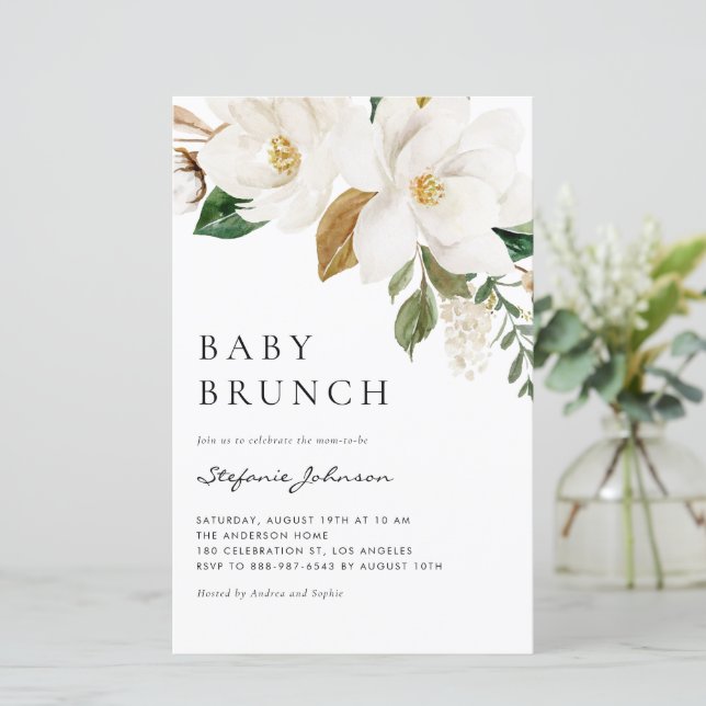 Watercolor White Magnolia Baby Brunch Invitation (Standing Front)