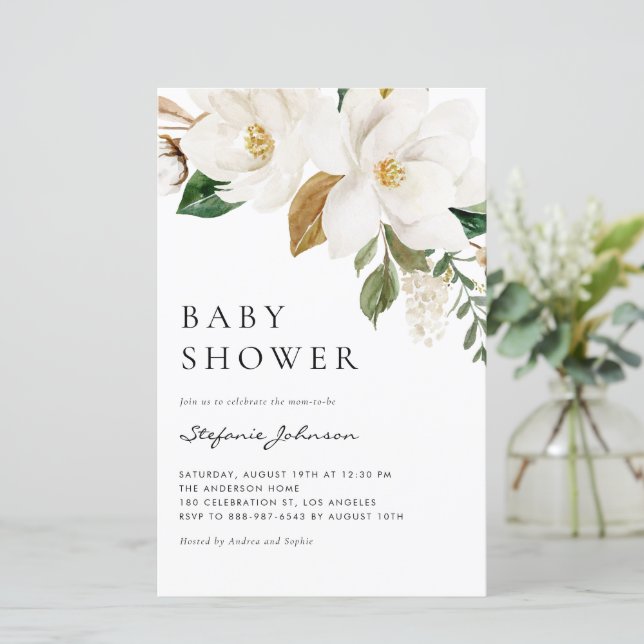 Watercolor White Magnolia Baby Shower Invitation (Standing Front)