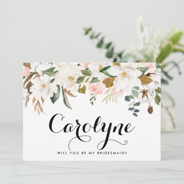 Watercolor White Magnolia Custom Bridesmaid Card (Standing Front)