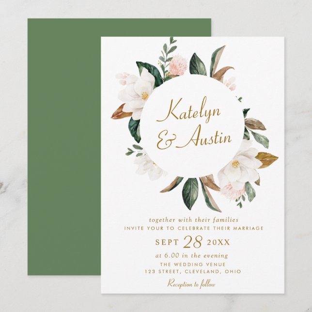 Watercolor white magnolia floral wedding invitation (Front/Back)