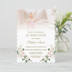 Watercolor White Magnolia Photo Girl 1st Birthday  Invitation