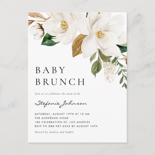Watercolor White Magnolia Rustic Baby Brunch Invitation Postcard (Front)