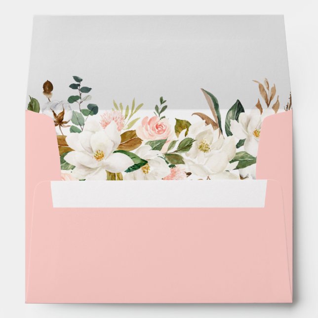 Watercolor White Magnolias Roses Pink Envelope (Back (Bottom))