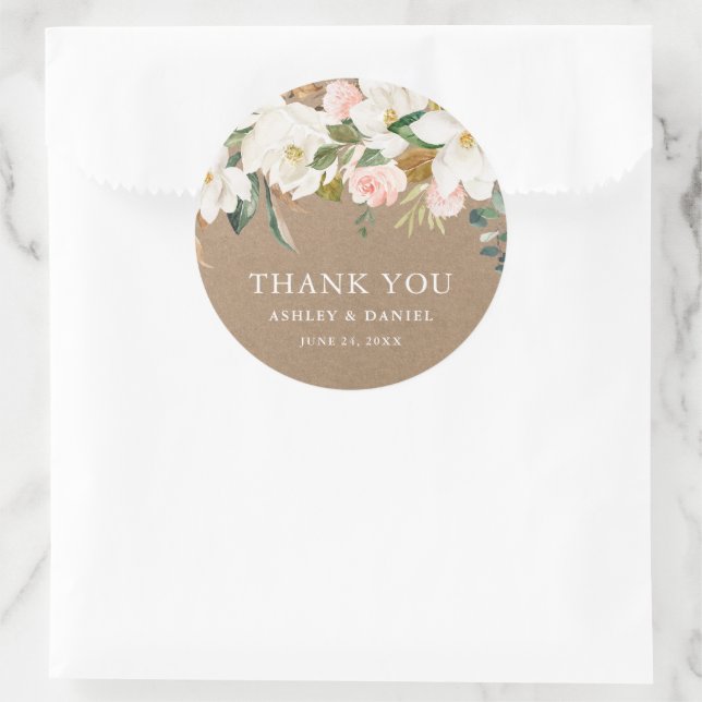 Watercolor White Magnolias Roses Wedding Kraft Classic Round Sticker (Bag)
