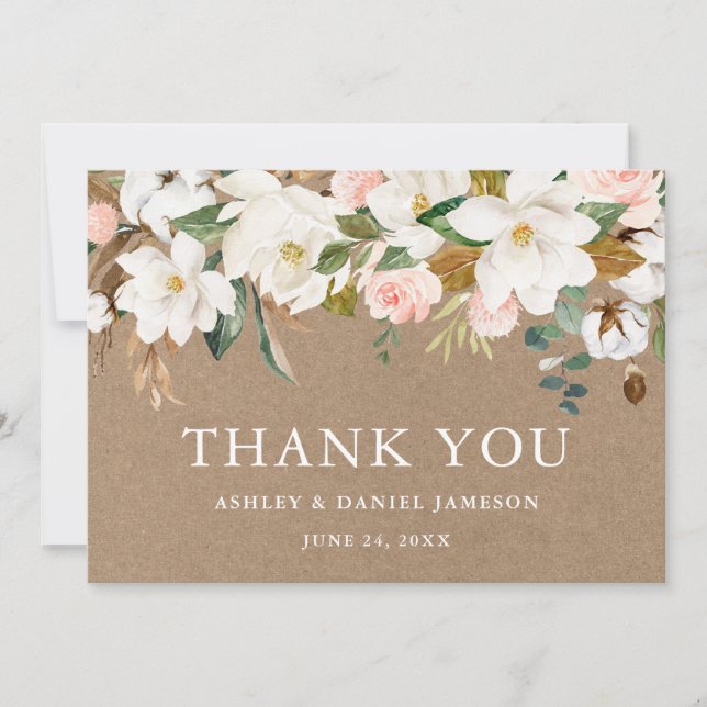 Watercolor White Magnolias Roses Wedding Kraft Thank You Card (Front)