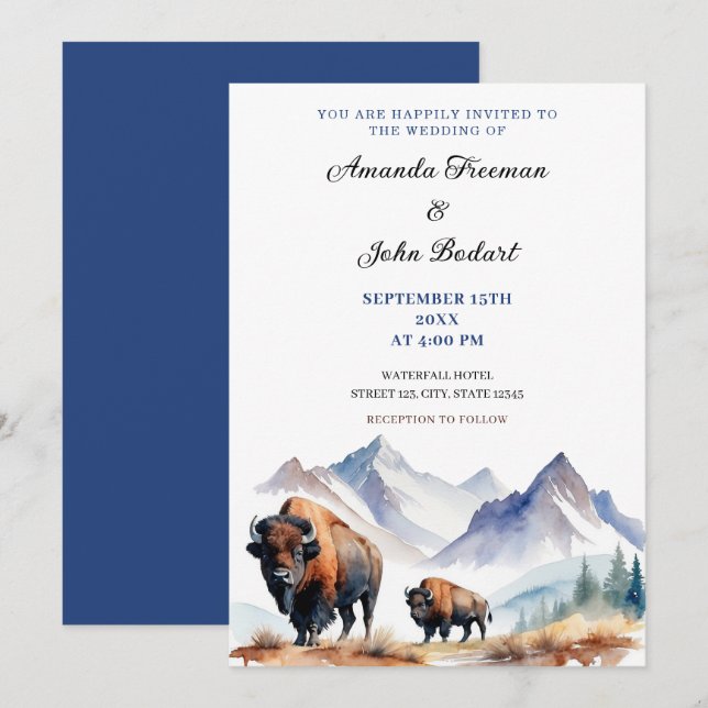 Watercolor White & Navy Bison Buffalos Wedding Invitation (Front/Back)