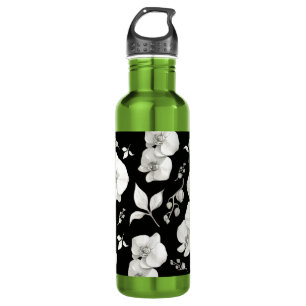 Watercolor White Orchid on Black   710 Ml Water Bottle