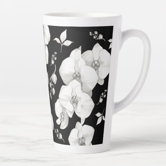 Watercolor White Orchid on Black | Latte Mug (Right)