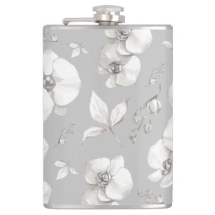 Watercolor White Orchid on Grey   Hip Flask