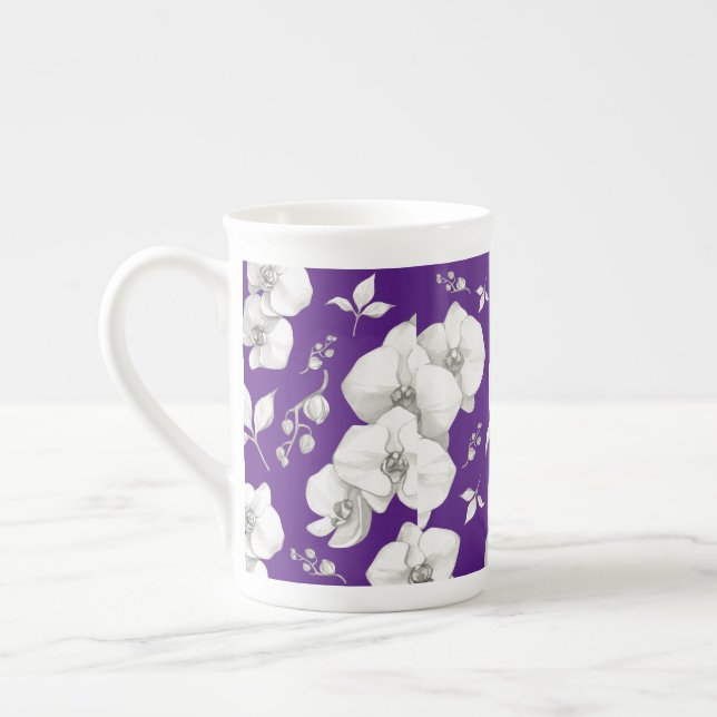 Watercolor White Orchid on Purple | Bone China Mug (Left)