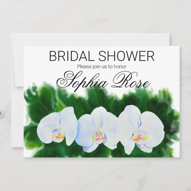Watercolor white orchid painting bridal shower invitation (Front)