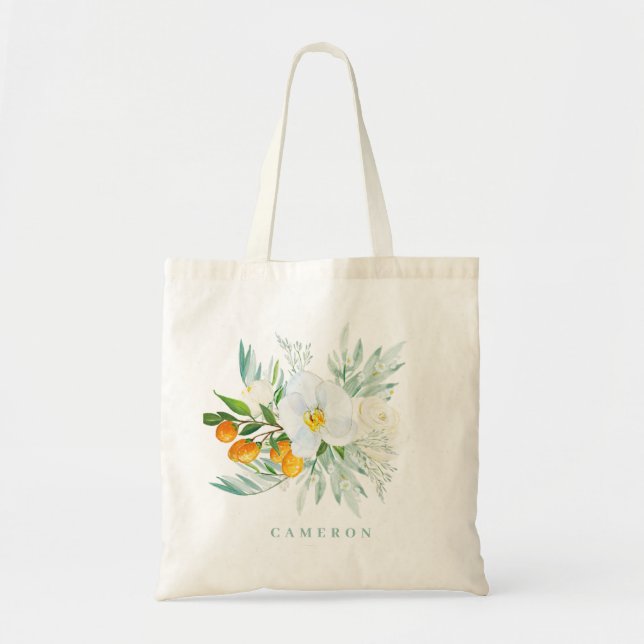 Watercolor White Orchids and Kumquats Bridesmaid Tote Bag (Front)