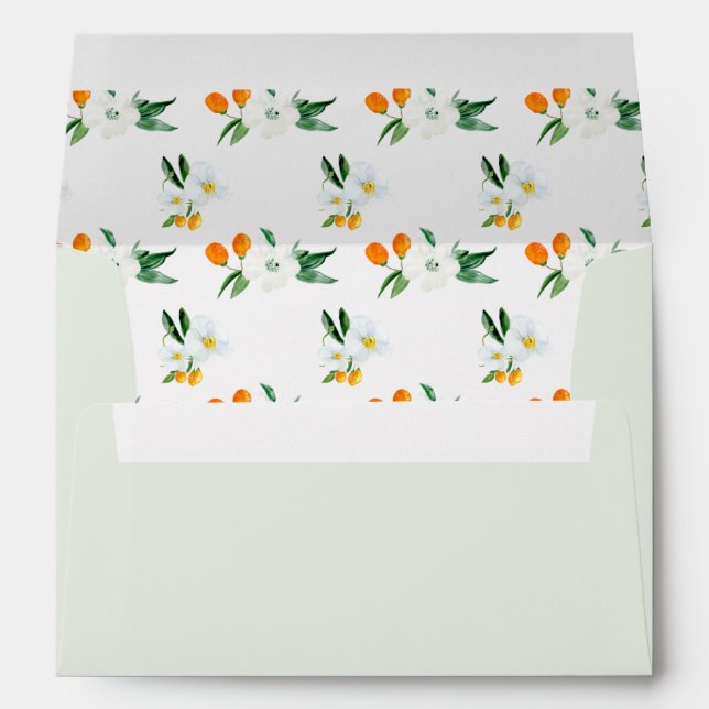Watercolor White Orchids and Kumquats Mint Green Envelope (Back (Bottom))