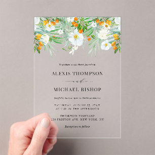 Watercolor White Orchids and Kumquats Wedding  Acrylic Invitations