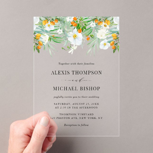 Watercolor White Orchids and Kumquats Wedding  Acrylic Invitations (Insitu (Handheld))