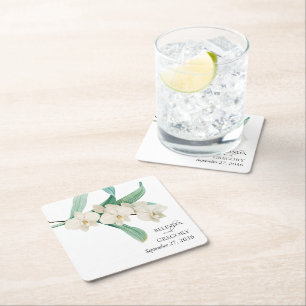 Watercolor White Orchids Floral Wedding Favor Square Paper Coaster