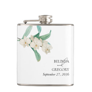 Watercolor White Orchids Floral Wedding Hip Flask
