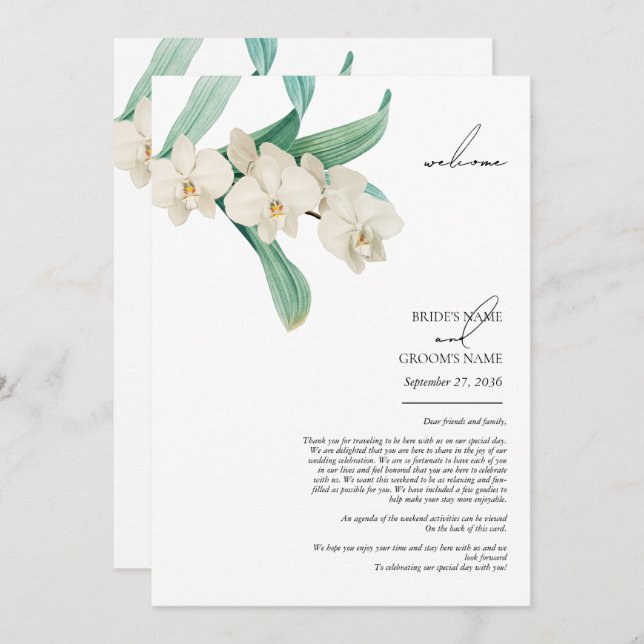 Watercolor White Orchids Floral Wedding Itinerary Programme (Front/Back)