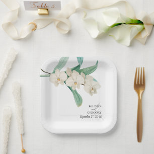 Watercolor White Orchids Floral Wedding Paper Plate