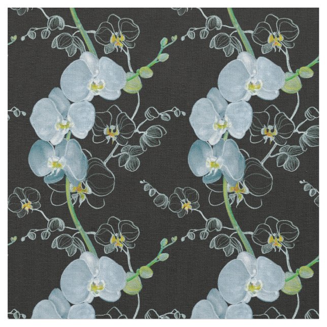 Watercolor White Orchids Pattern Fabric (Close Up)