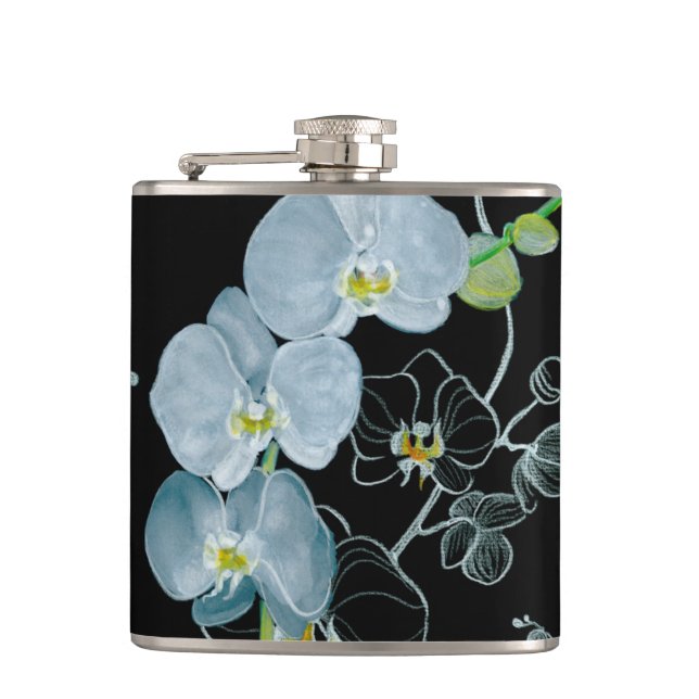Watercolor White Orchids Pattern Hip Flask (Front)