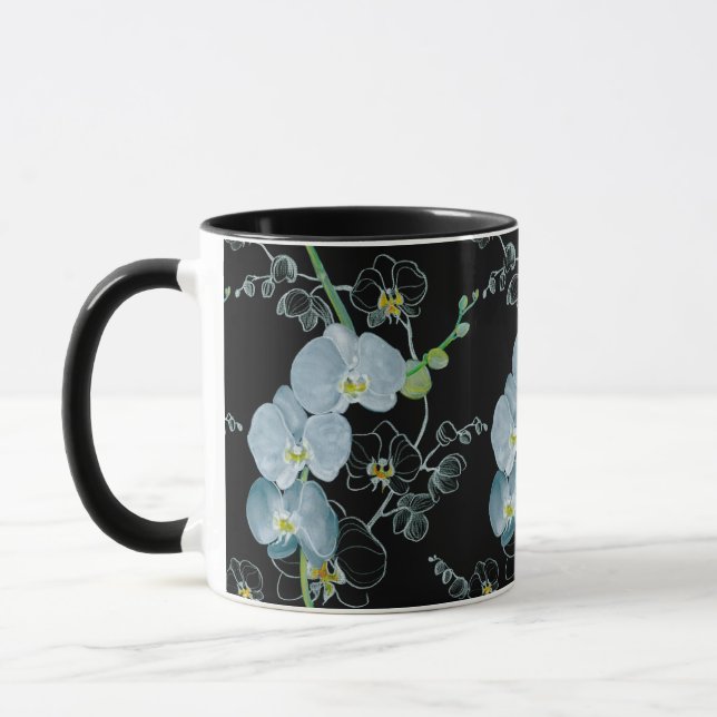 Watercolor White Orchids Pattern Mug (Left)
