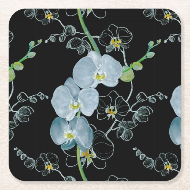 Watercolor White Orchids Pattern Square Paper Coaster (Front)