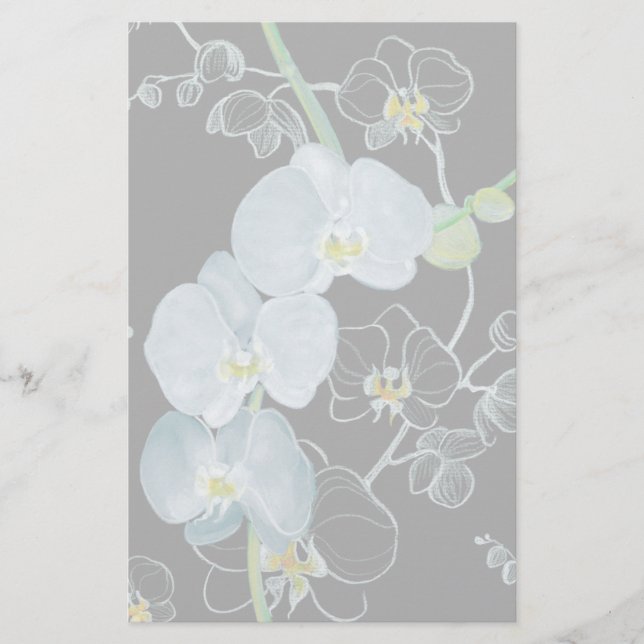 Watercolor White Orchids Pattern Stationery (Front)