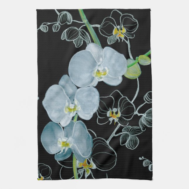Watercolor White Orchids Pattern Tea Towel (Vertical)
