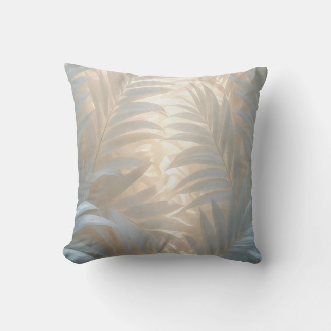 Watercolor white palms leaves basking in light cushion (Front)