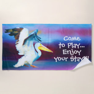 watercolor white pelican beach towel