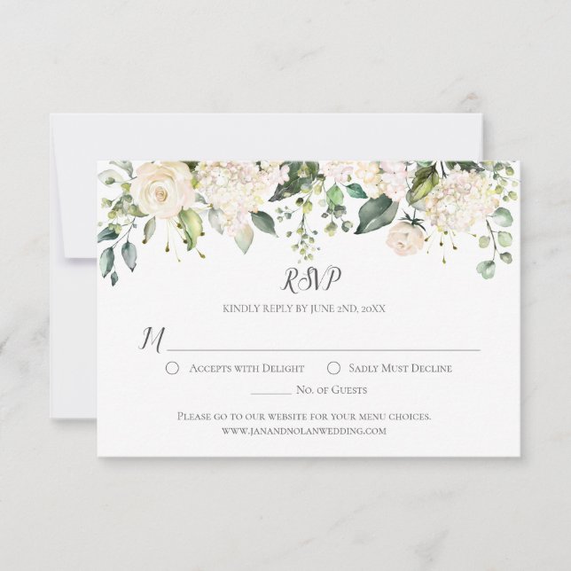 Watercolor White Peonies and Roses Greenery RSVP (Front)