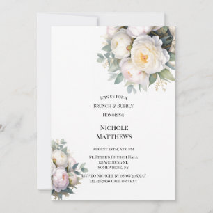 Watercolor White Peonies Brunch & Bubbly Invitation