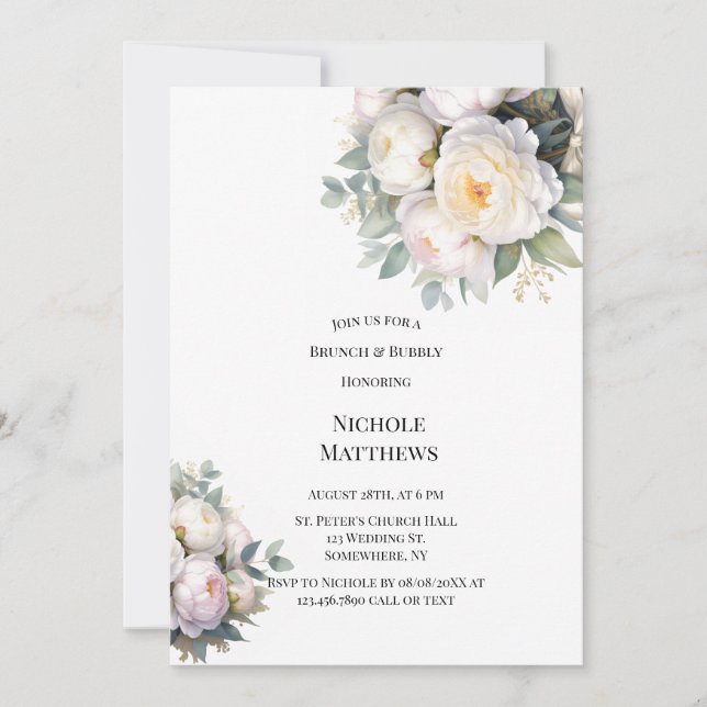 Watercolor White Peonies Brunch & Bubbly Invitation (Front)