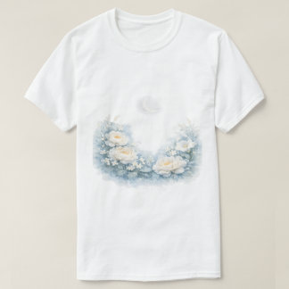 Watercolor White Peonies Crescent Moon Celestial T-Shirt