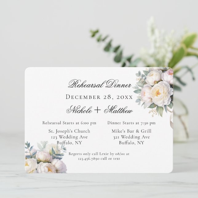 Watercolor White Peonies Wedding Rehearsal Dinner Invitation (Standing Front)