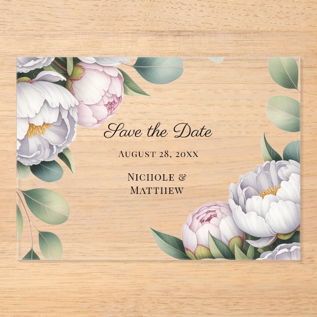 Watercolor White Peonies Wedding Save the Date Acrylic Invitations (Front)