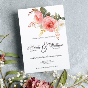 Watercolor white pink coral roses floral wedding invitation