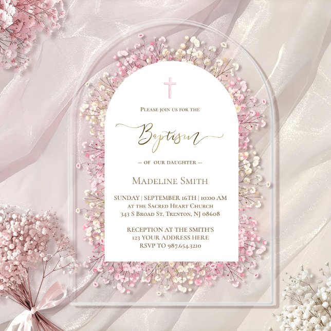 watercolor white pink flowers Baptism Acrylic Invitations (Creator Uploaded)