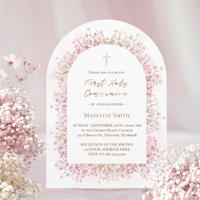 watercolor white pink flowers First Communion Invitation (Creator Uploaded)