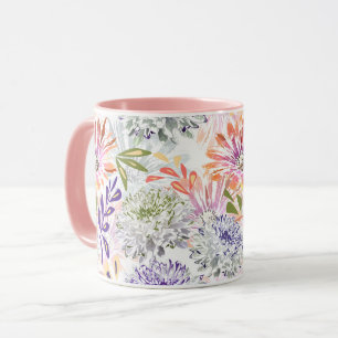 Watercolor white, pink flowers mug