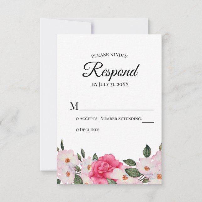 Watercolor White Pink Roses Wedding RSVP Respond (Front)