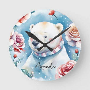 Watercolor White Polar Bear and Red Roses Round Clock