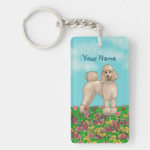 Watercolor White Poodle with Flowers Key Ring