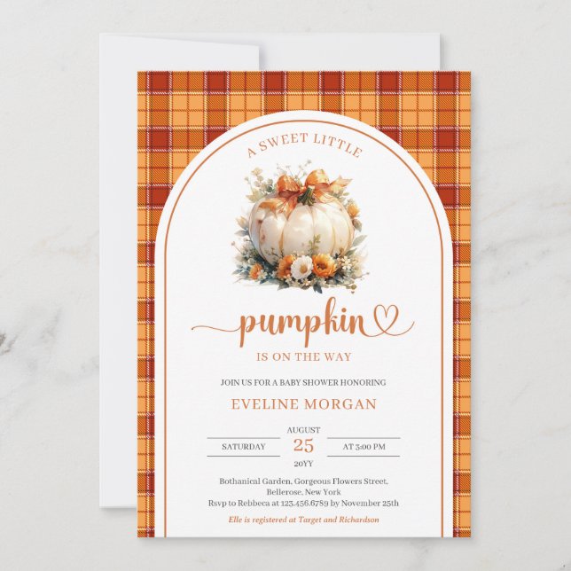 Watercolor white pumpkin fall autumn flowers plaid invitation (Front)