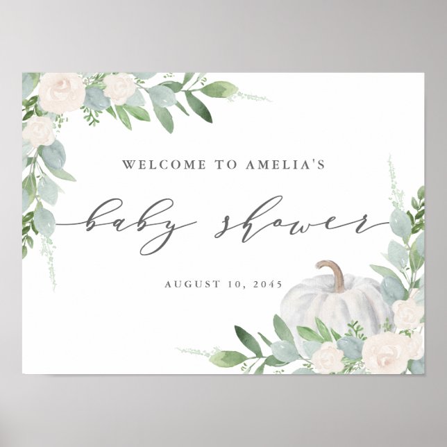 Watercolor White Pumpkin Fall Baby Shower Welcome Poster (Front)