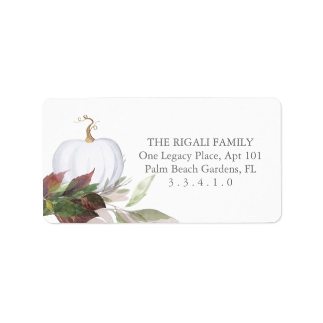 Watercolor White Pumpkin Fall Leaves Label (Front)