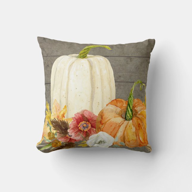 Watercolor White Pumpkin Red Poppy Fall Leaf Wood Cushion (Front)