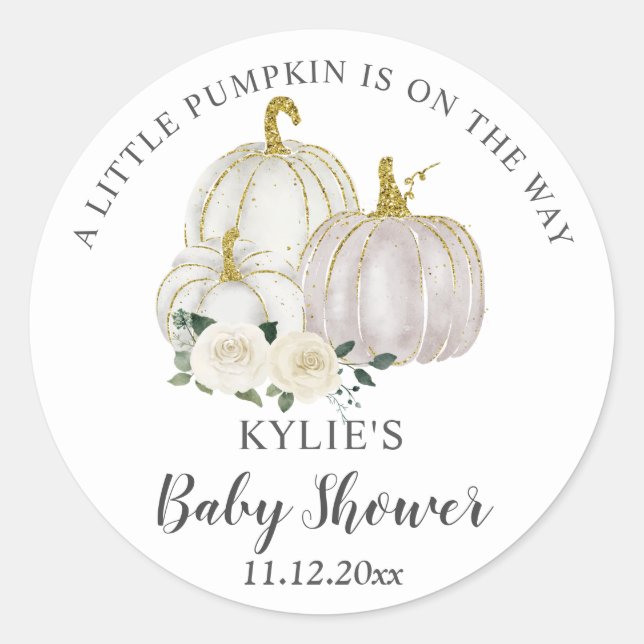Watercolor White Pumpkin Roses Baby Shower   Classic Round Sticker (Front)